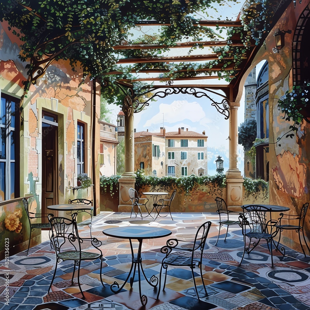 Obraz premium Beautiful outdoor cafe with wrought iron furniture, shaded by greenery, offering a picturesque view of charming buildings and streets.