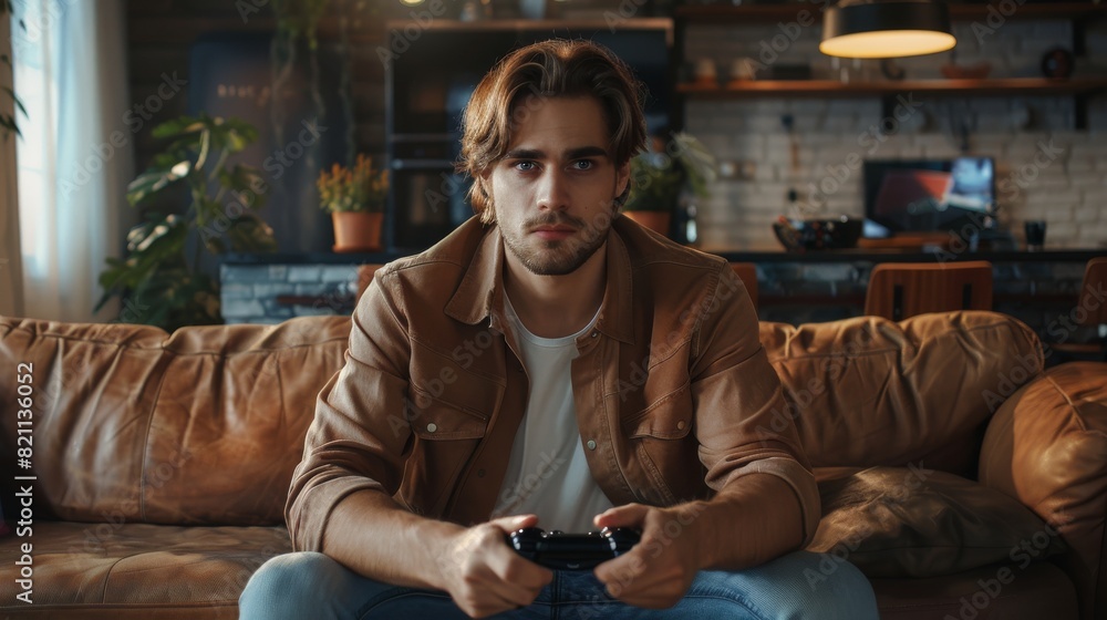 Young Handsome Man Playing Video Games on Console at Home. Successful Male using Controller to Play Action Game and Win. Young Handsome Man Playing Video Games on Console at Home. Successful Male using Controller to Play Action Game and Win.