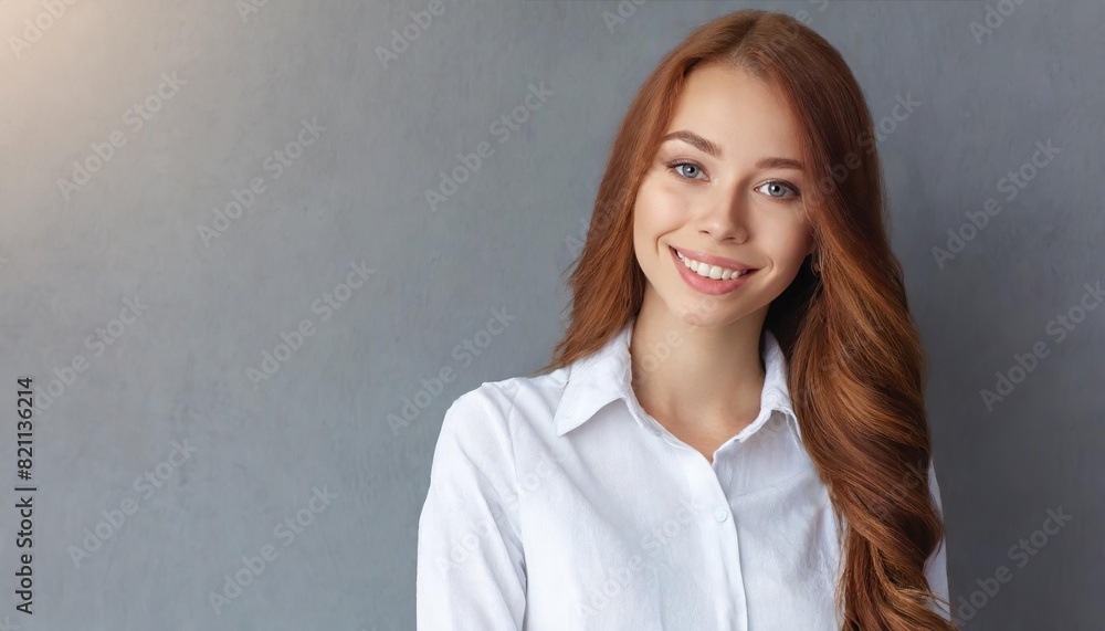 Beauty fashion portrait of smiling sensual young woman with dark long hair in white shirt and jeans on gray background banner, relaxed and chilled, copy space Beauty fashion portrait of smiling sensual young woman with dark long hair in white shirt and jeans on gray background banner, relaxed and chilled, copy space