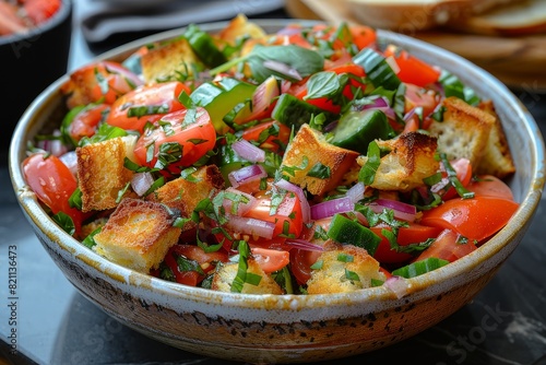 Panzanella Salad: A rustic bread salad with chunks of stale bread, tomatoes, cucumbers, red onions, and basil, dressed with olive oil and vinegar.  © Nico