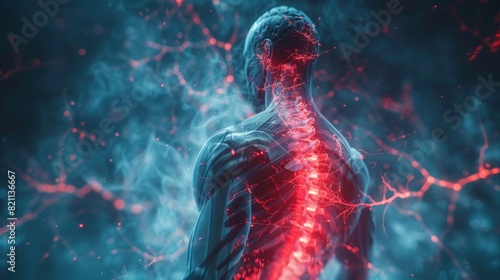 Digitally generated person suffering from back pain as a result of spinal or joint trauma. Schematic medical visualization. photo