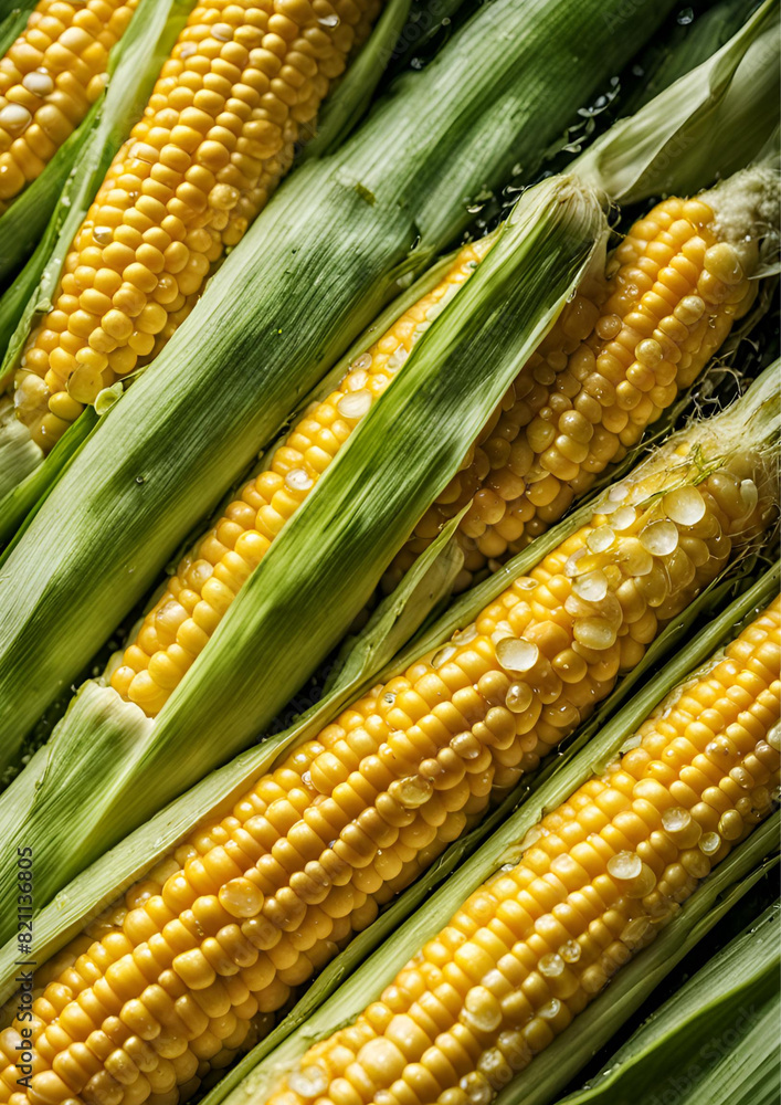 A bunch of corns with water droplets on them A bunch of corns with water droplets on them