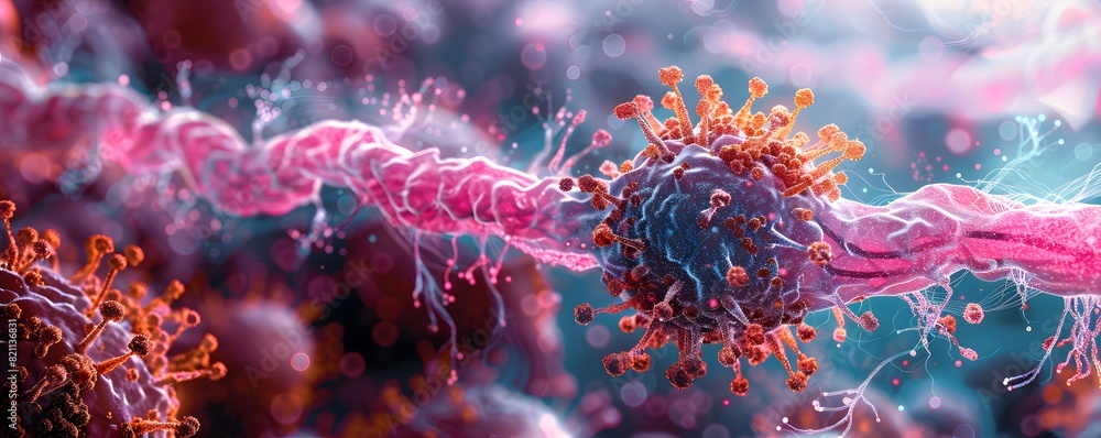 3D representation of a cancer cell with highlighted pathways where the drug is taking effect, demonstrating the precision of modern treatments. List of Art Media Photograph inspired by Spring magazine 3D representation of a cancer cell with highlighted pathways where the drug is taking effect, demonstrating the precision of modern treatments. List of Art Media Photograph inspired by Spring magazine