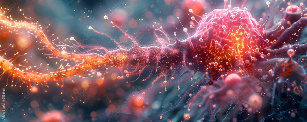 3D representation of a cancer cell with highlighted pathways where the drug is taking effect, demonstrating the precision of modern treatments. List of Art Media Photograph inspired by Spring magazine 3D representation of a cancer cell with highlighted pathways where the drug is taking effect, demonstrating the precision of modern treatments. List of Art Media Photograph inspired by Spring magazine