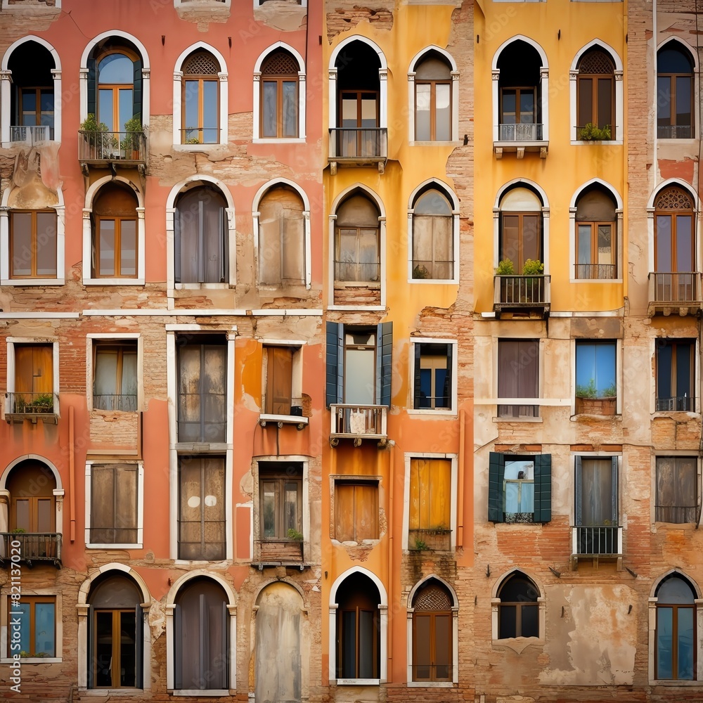 Colorful and weathered building facade with arched windows in an old European city, capturing rich history and architectural detail. Colorful and weathered building facade with arched windows in an old European city, capturing rich history and architectural detail.