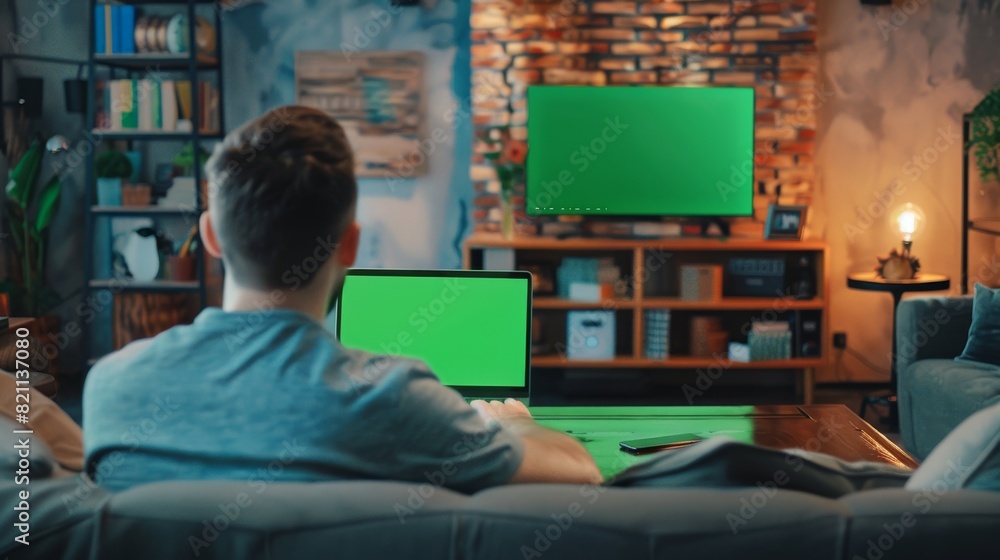 An attractive young man works at home on a laptop computer with a green screen mock-up display. An innovative male checks social media and browses the internet from the living room of an apartment in An attractive young man works at home on a laptop computer with a green screen mock-up display. An innovative male checks social media and browses the internet from the living room of an apartment in