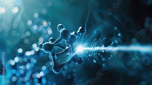 Holographic carbon molecule split by light  illustrating new technologies neutralizing CO2 emissions. Carbon footprint reduction technology