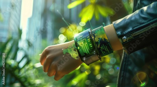 Wearable device showcasing real-time carbon footprint, promoting personal responsibility and environmental awareness. Carbon footprint reduction technology photo