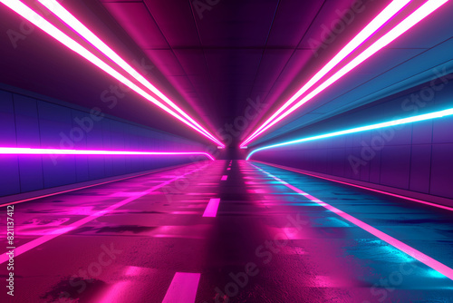 Glowing motion blur neon lamps lines in a speed tunnel, abstract futuristic laser electronic highway backdrop, techno sci-fi game, virtual reality banner