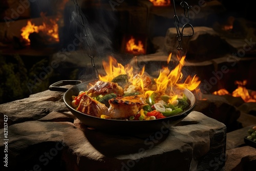 A bowl filled with food is engulfed in flames against a dark backdrop. Generative AI