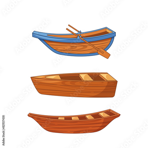 Set Of Three Wooden Rowboats, Each With Unique Color And Design, Isolated On White Background, Vector Illustration