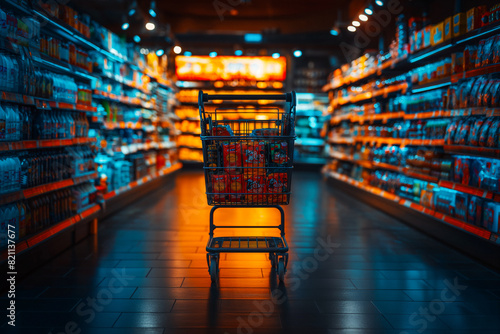 A podcast exploring the psychology behind consumer behavior and the strategies used by marketers to influence purchasing decisions.A shopping cart is parked in the center of a supermarket aisle photo