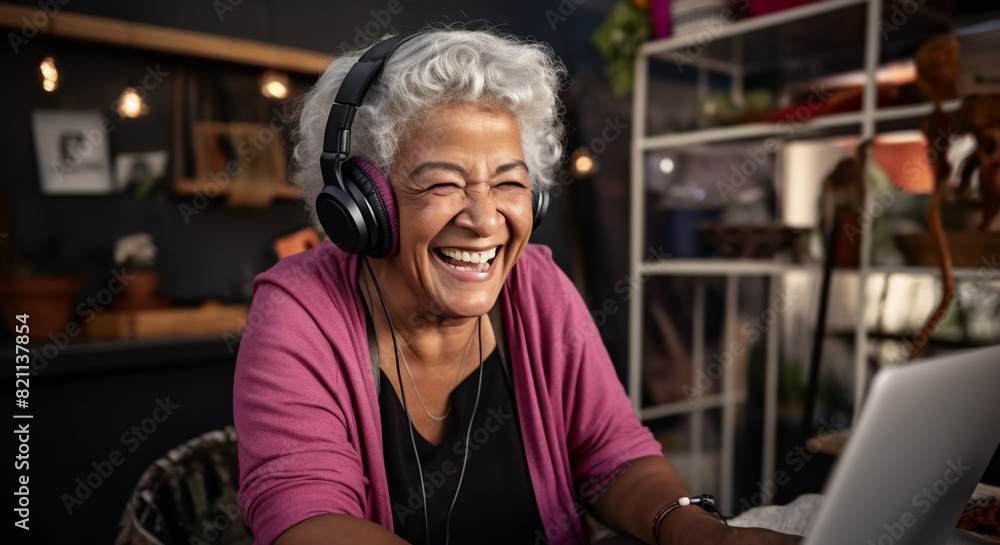 A senior latin woman is is making a selfie while smiling with a profesional camera behind a computer while gaming a low tech social media woman A senior latin woman is is making a selfie while smiling with a profesional camera behind a computer while gaming a low tech social media woman