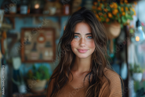 A social media influencer posing with sponsored products  blending advertising with personal content.In the photo  a woman in a yellow dress is happily smiling in front of a window