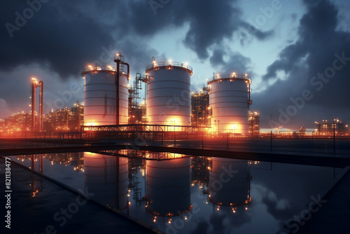 Close up of oil and gas terminal storage tanks of industrial plant or industrial refinery factor with a cloudy sky at night  the future of energy © pangamedia