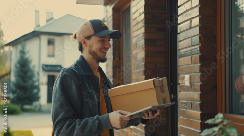Postal Service Worker comes to the house to make a door-to-door delivery and get a POD signature on the tablet from a handsome young homeowner. photo