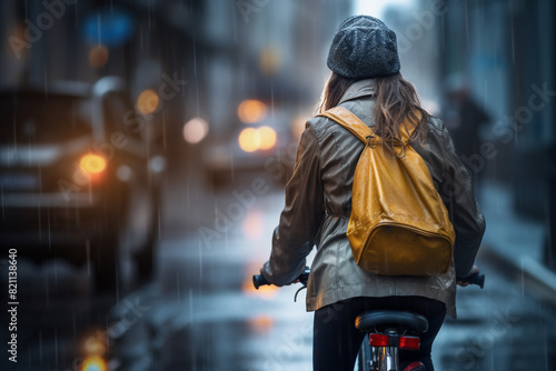 A beautiful young adult of Latinformal woman riding her bicycle to work  a backside portrait of a woman commuting on a bicycle on a rainy day in an urban street at mid-day