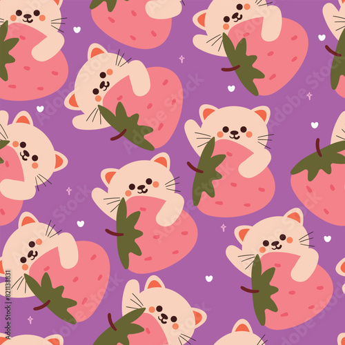 seamless pattern cartoon cat with strawberry. cute animal wallpaper illustration for gift wrap paper