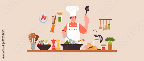 A chef is cooking in kitchen with various utensils and ingredients, clean background