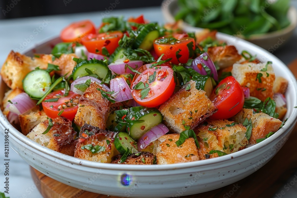 Panzanella Salad: A rustic bread salad with chunks of stale bread, tomatoes, cucumbers, red onions, and basil, dressed with olive oil and vinegar. Panzanella Salad: A rustic bread salad with chunks of stale bread, tomatoes, cucumbers, red onions, and basil, dressed with olive oil and vinegar.