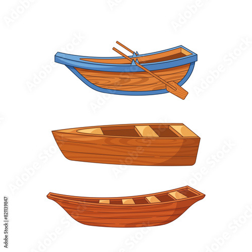 Three Wooden Boats Side View, Showcase Unique Design Characteristics And Include A Pair Of Wooden Oars, Vector