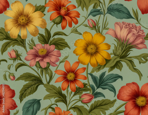 A floral pattern with a variety of flowers including daisies, sunflowers, and roses