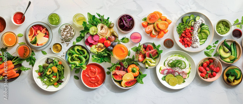 Long table with different types of food  including fresh vegetables and fruits