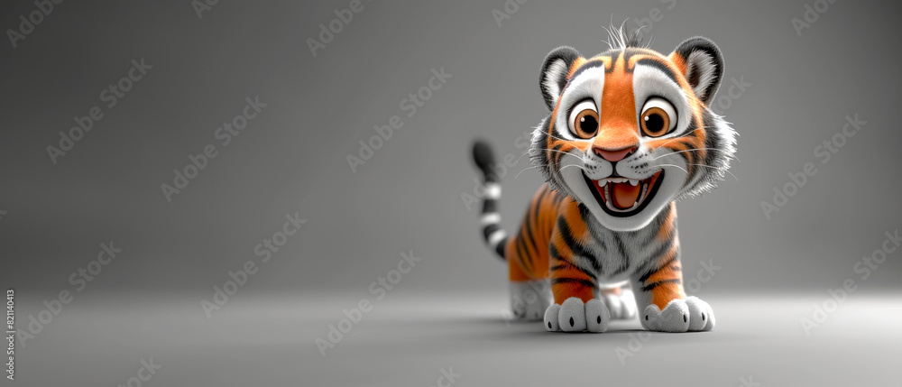 Cartoon tiger smiling and looking at the camera, copy space, clean background Cartoon tiger smiling and looking at the camera, copy space, clean background