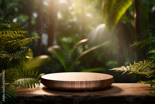 An empty round wooden podium set amidst a lush tropical forest and minimalist background a product display background or wallpaper concept with front-lighting