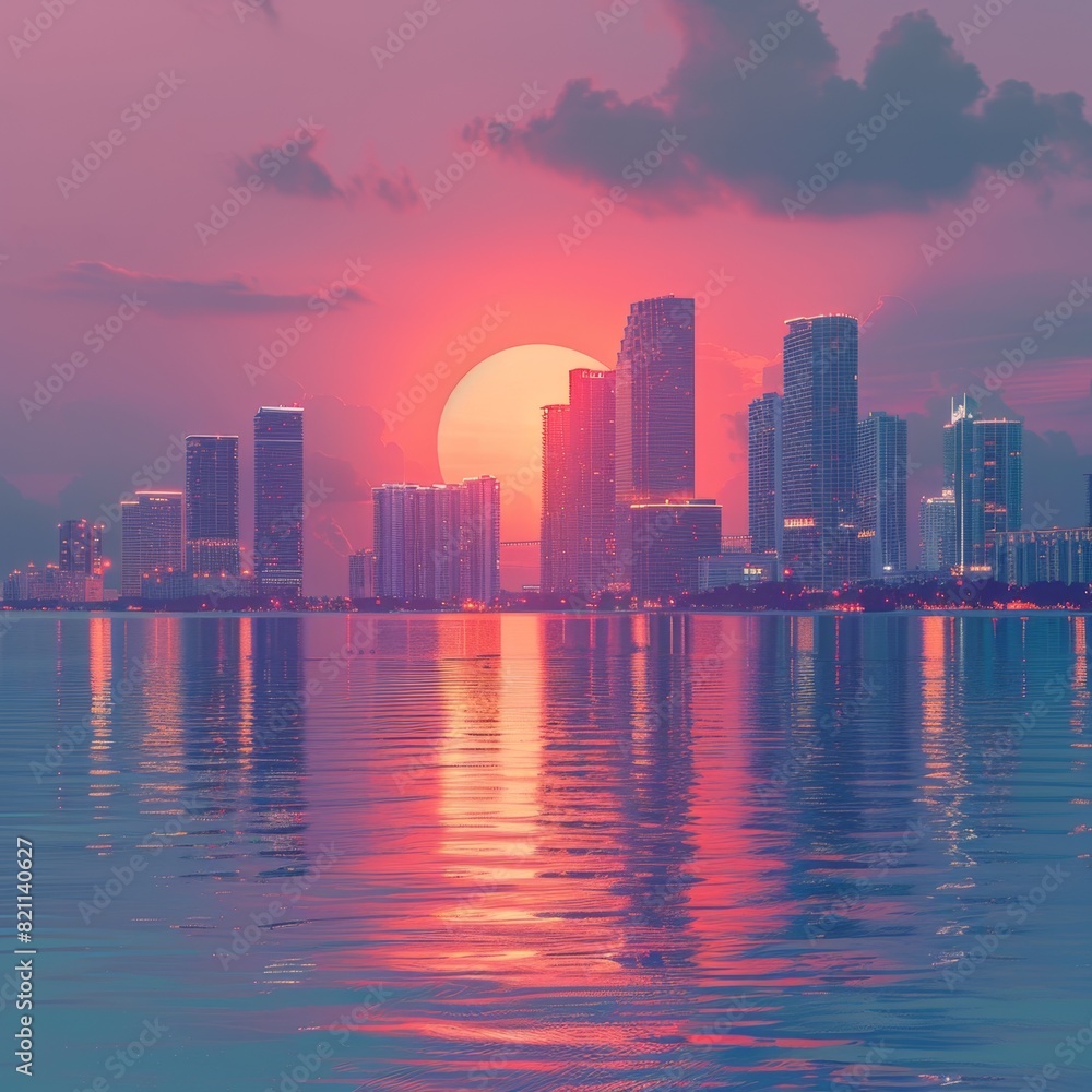Obraz premium Miami Skyline in Retrowave Pastel Colors Against Warm Sunset