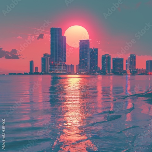 Miami Skyline in Retrowave Pastel Colors Against Warm Sunset  