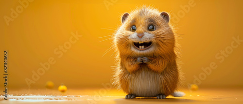 A cute cartoon hamster smiling and has its mouth open, copy space