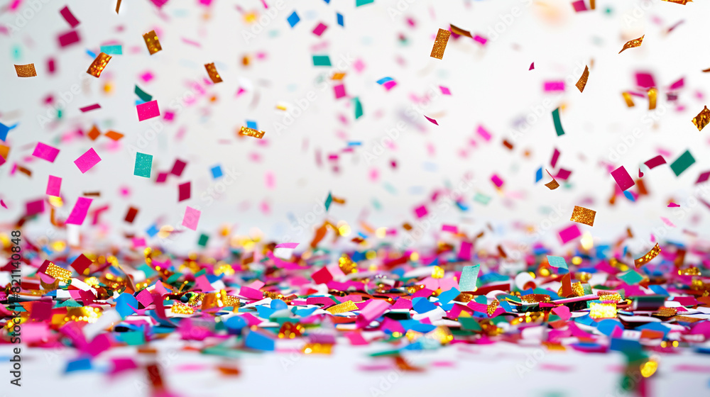 A celebratory confetti scene with room for your personalized message, providing a festive and inviting touch to your event invitations, holiday cards, or social media posts on solid white background,