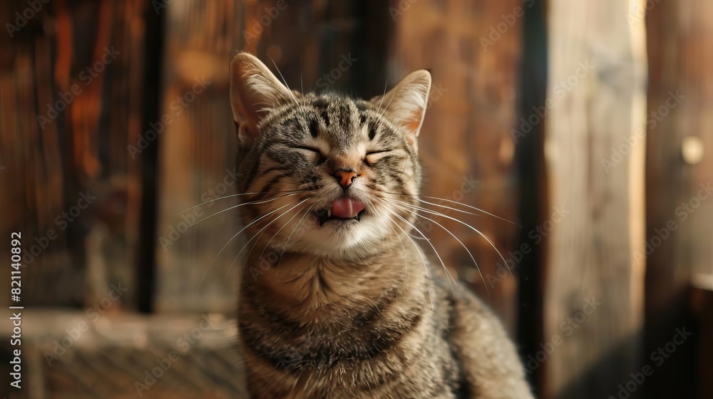 Fototapeta premium Adorably clean and groomed tabby cat licking itself in a rustic room