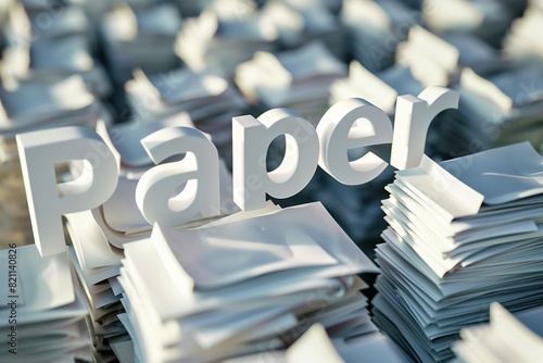 Close-up view of Paper text in white 3D letters above multiple paper stacks