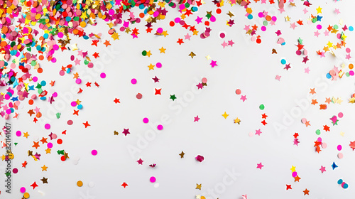 A celebratory confetti backdrop with space for your message, providing a festive and engaging visual for promoting your upcoming event, sale, or special offer on solid white background,