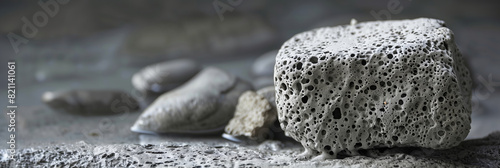 Porous stone and pebbles on textured backdrop photo