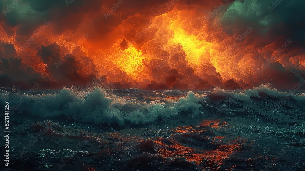 A storm brewing over a vast ocean, front view, capturing the drama of nature, cybernetic tone, Triadic Color Scheme