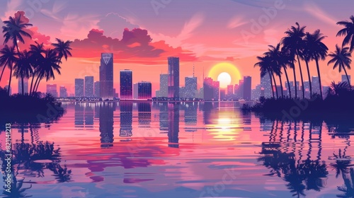 Illustration of Miami Skyline in Retrowave Pastel Colors  