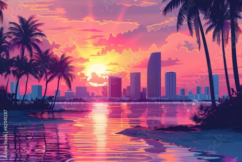 Illustration of Miami Skyline in Retrowave Pastel Colors