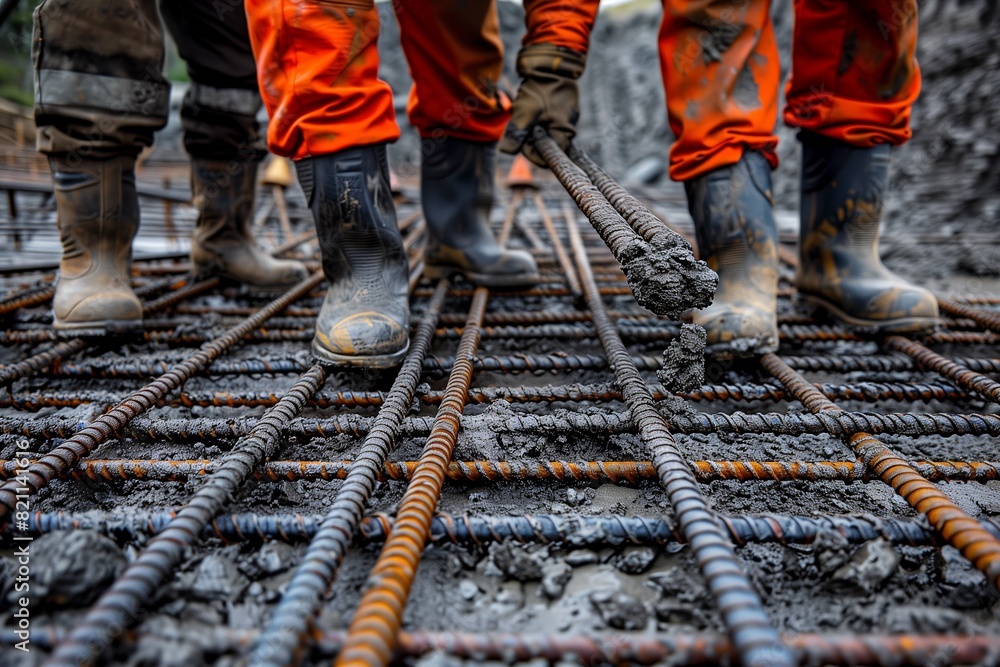 Construction workers handling rebar at site Construction workers handling rebar at site
