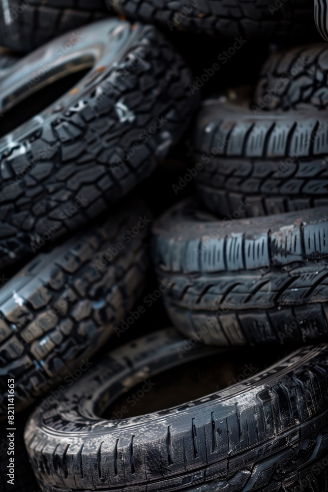 Obraz premium Pile of automobile tires showing the depth and pattern of tread, utilized for vehicle safety and performance