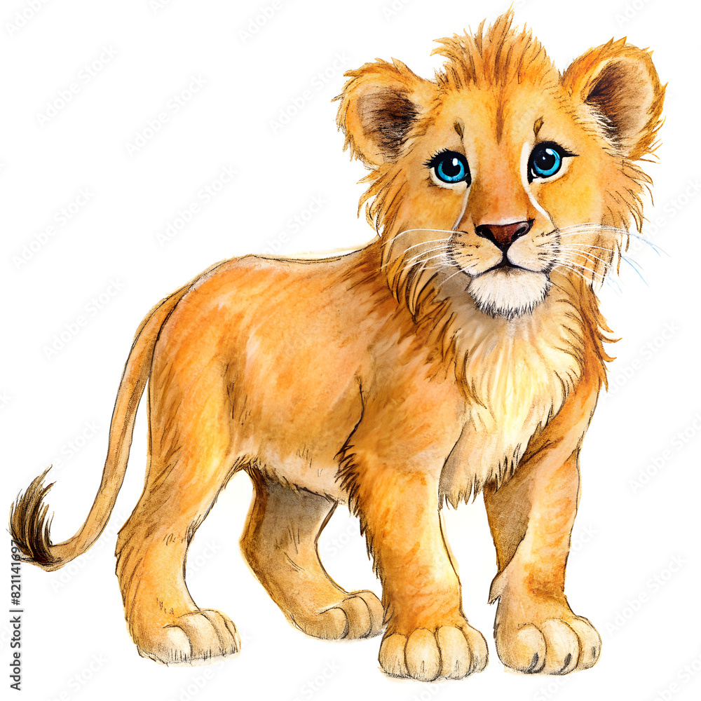 Obraz premium Hand-Drawn Lion Cub Isolated on Transparent Background - Adorable Wildlife Illustration