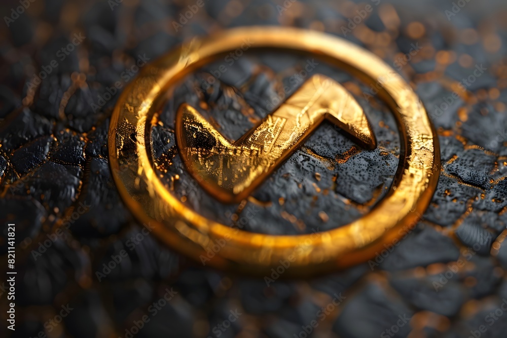 Close up of a gold logo on black leather Close up of a gold logo on black leather