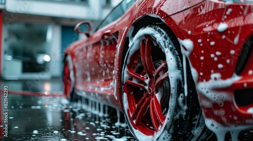 A red sportscar's wheels are rubbed by a soft sponge at a prestigious dealership car wash. photo