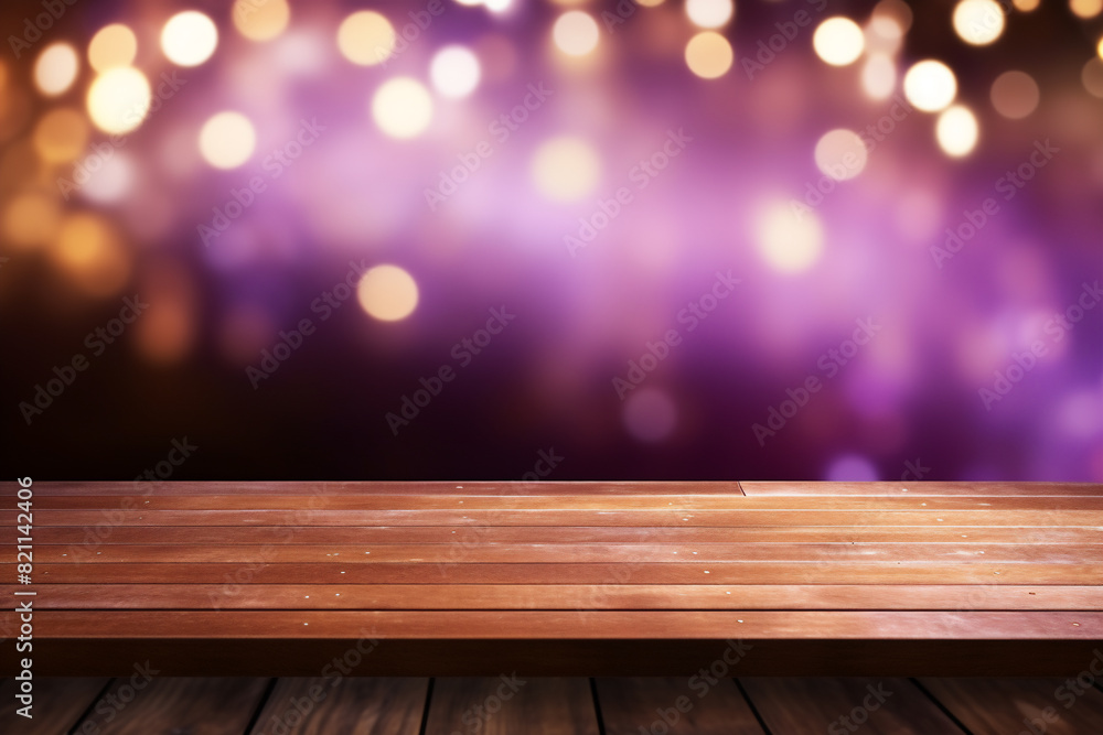 Empty wooden planks or tabletop in front of a blurred bokeh purple background and modern background a product display background or wallpaper concept with front-lighting