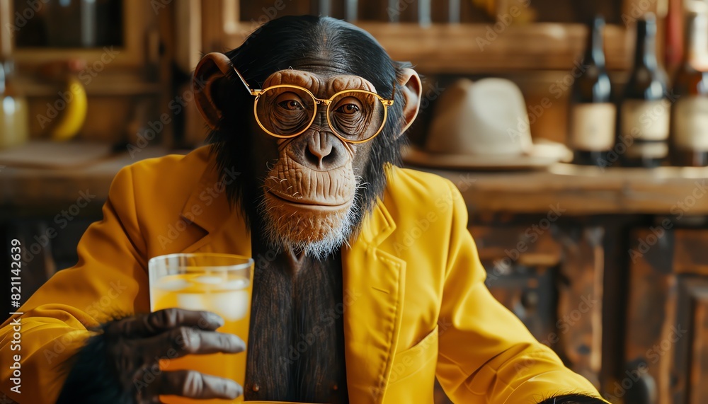 Chimpanzee in yellow suit and glasses, holding a cocktail, playful and humorous