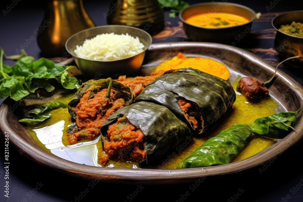 A plate with traditional Bengali food, featuring shutki bora, a popular dish made from dried fish. Generative AI A plate with traditional Bengali food, featuring shutki bora, a popular dish made from dried fish. Generative AI