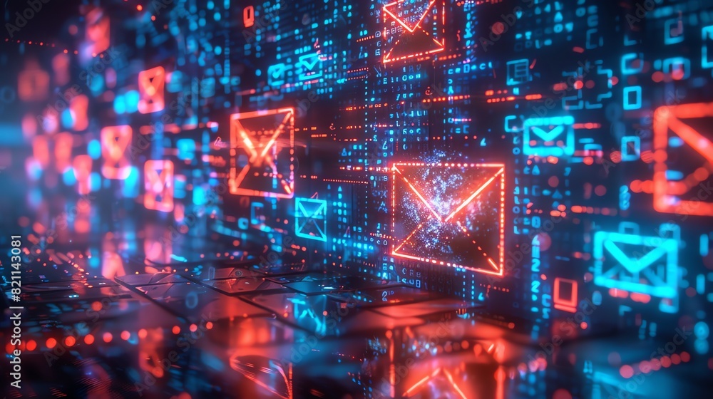 Digital background with glowing email icons, blue and red light, high tech, macro shot Digital background with glowing email icons, blue and red light, high tech, macro shot