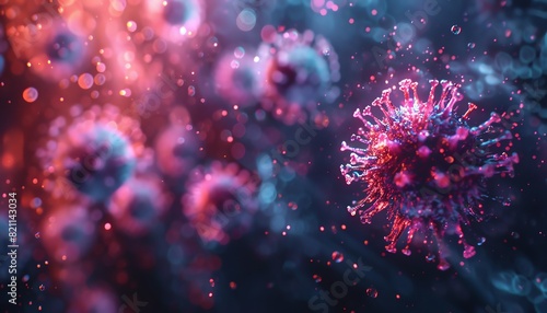 Digital representation of viruses on a screen, closeup shot, vibrant colors, dark background